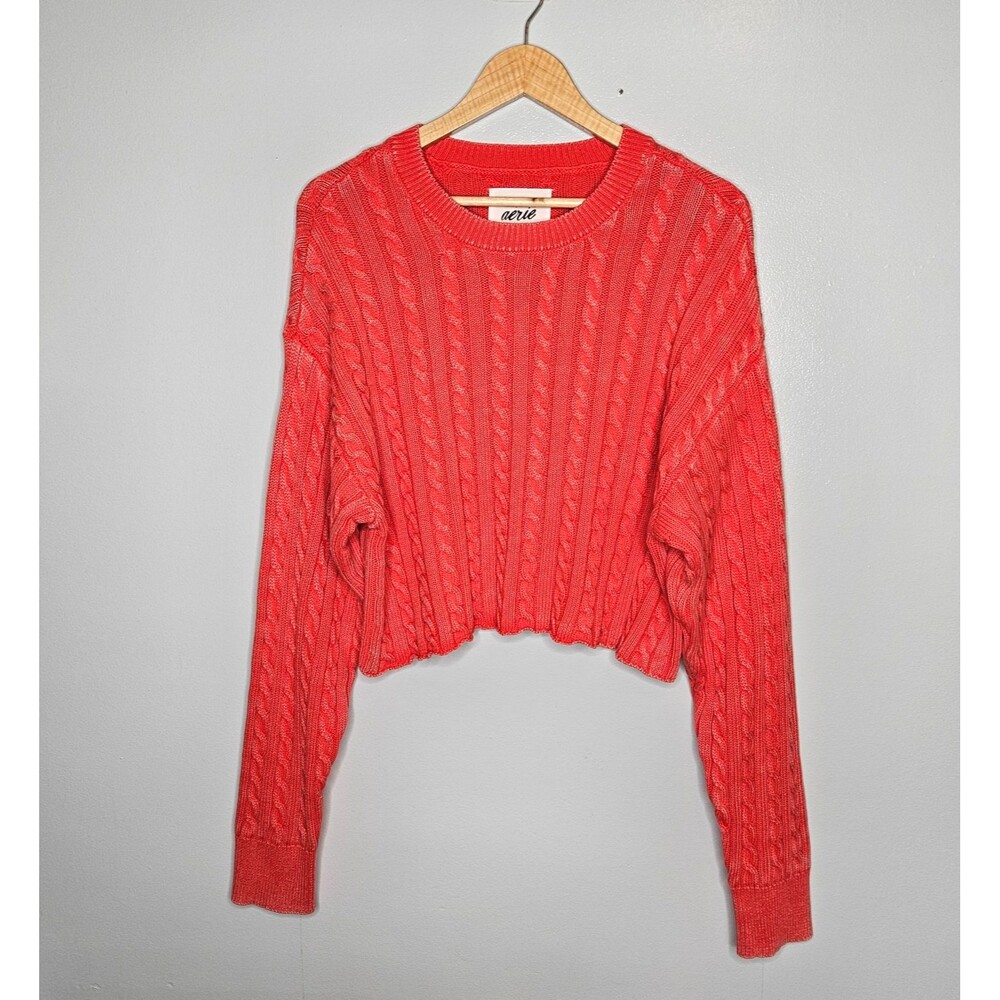 Aerie Cropped Cable Knit Sweater Women's XL Faded Coral Red NWT Lived In Look